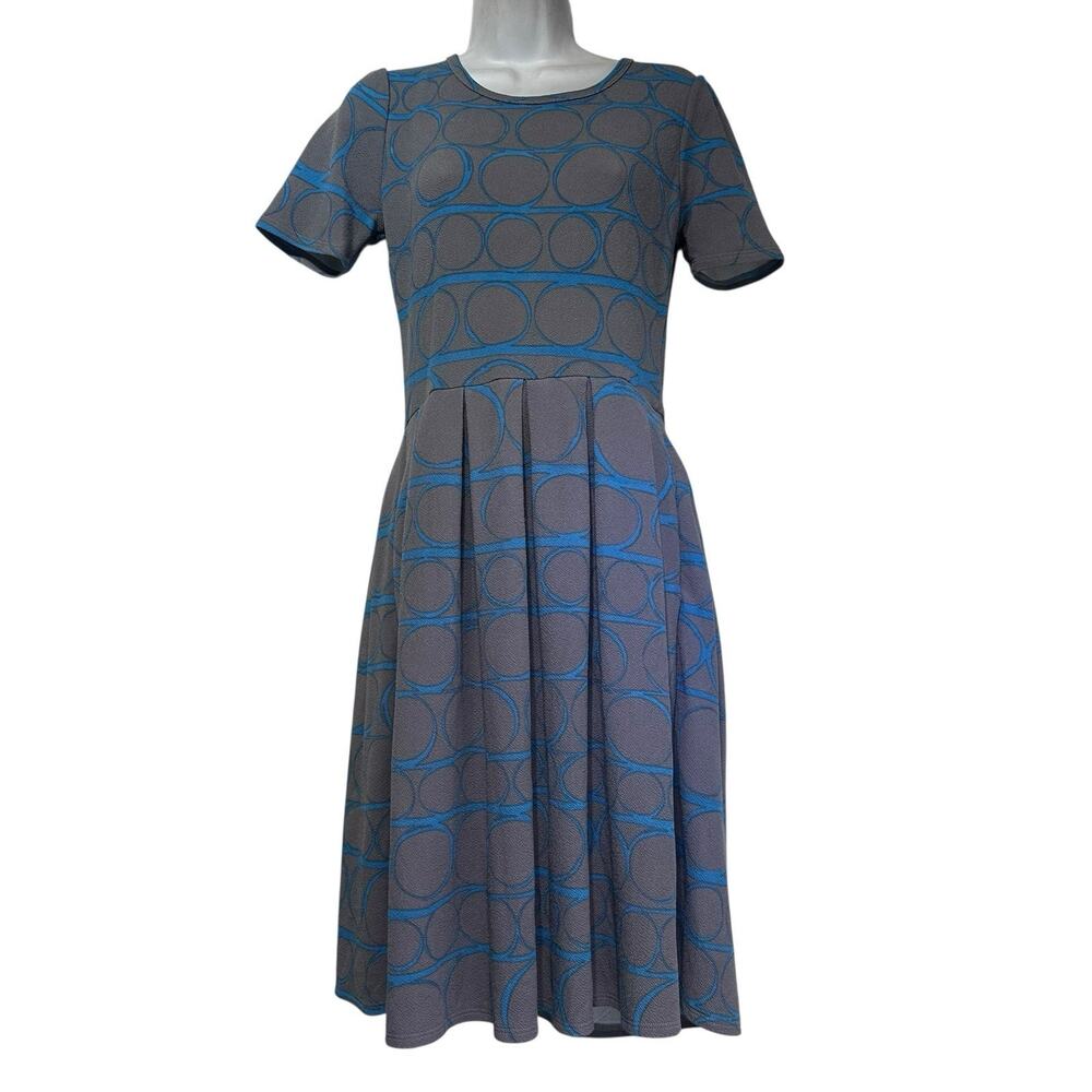 lularoe Amelia fit flare dress gray blue geometric pleated midi USA size S